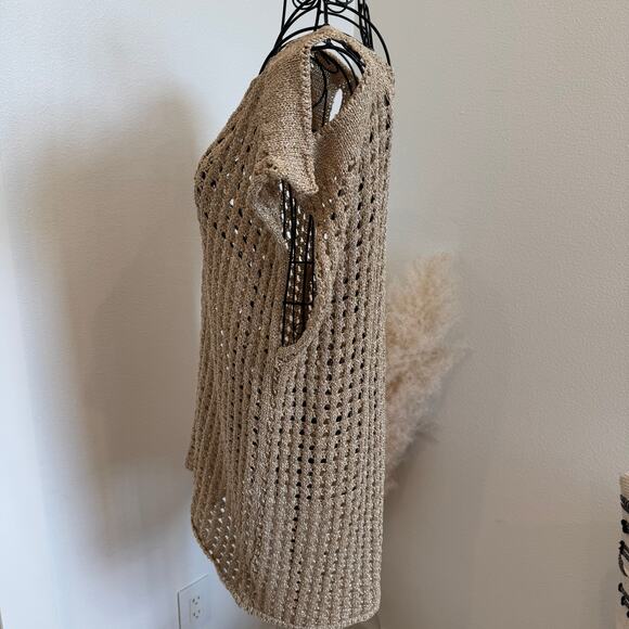 Italian Gold Woven Metallic Knit Pullover Cold Shoulder Tunic Cover-Up Top Dress - Picture 5 of 9